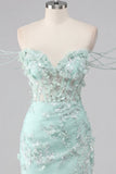 Mint Floral Off the Shoulder Corset Bodycon Appliqued Homecoming Dress with Slit