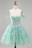 A-Line Mint Cold Shoulder Floral Corset Beaded Birthday Dress