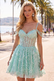 A-Line Mint Cold Shoulder Floral Corset Beaded Birthday Dress