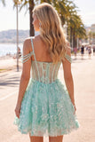 A-Line Mint Cold Shoulder Floral Corset Beaded Birthday Dress