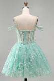 A-Line Mint Cold Shoulder Floral Corset Beaded Birthday Dress