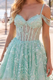 A-Line Mint Cold Shoulder Floral Corset Beaded Birthday Dress