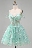 A-Line Mint Cold Shoulder Floral Corset Beaded Birthday Dress
