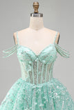 A-Line Mint Cold Shoulder Floral Corset Beaded Birthday Dress