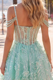 A-Line Mint Cold Shoulder Floral Corset Beaded Birthday Dress