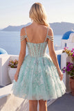 A-Line Mint Cold Shoulder Floral Corset Beaded Homecoming Dress