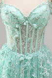 A-Line Mint Cold Shoulder Floral Corset Beaded Birthday Dress