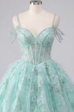 A-Line Mint Cold Shoulder Floral Corset Beaded Homecoming Dress