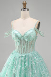 A-Line Mint Cold Shoulder Floral Corset Beaded Birthday Dress
