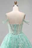 A-Line Mint Cold Shoulder Floral Corset Beaded Birthday Dress