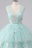 A-Line Mint V-Neck Tulle Floral Appliqued Homecoming Dress