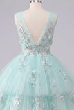 A-Line Mint V-Neck Tulle Floral Appliqued Homecoming Dress