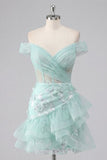 Off the Shoulder Mint Corset Sequins Homecoming Dress with Ruffles