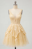 Butter Yellow V-Neck Corset A-Line Floral Homecoming Dress
