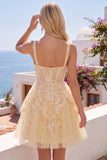 Butter Yellow V-Neck Corset A-Line Floral Homecoming Dress
