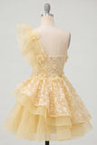 One Shoulder Butter Yellow Ruffled A-Line Floral Homecoming Dress