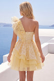 One Shoulder Butter Yellow Ruffled A-Line Floral Homecoming Dress