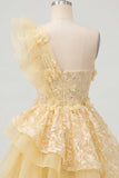 One Shoulder Butter Yellow Ruffled A-Line Floral Homecoming Dress