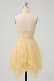 Butter Yellow A-Line Halter Neck Floral Homecoming Dress
