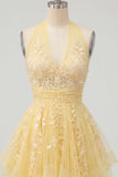 Butter Yellow A-Line Halter Neck Floral Homecoming Dress