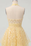 Butter Yellow A-Line Halter Neck Floral Homecoming Dress