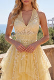 Butter Yellow A-Line Halter Neck Floral Homecoming Dress