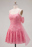 Hot Pink A-Line Spaghetti Straps Floral Homecoming Dress with Bow