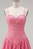 Hot Pink A-Line Spaghetti Straps Floral Homecoming Dress with Bow