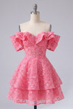 Off the Shoulder Hot Pink A-Line Floral Ruffled Homecoming Dress with Beading