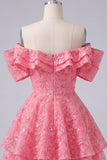 Off the Shoulder Hot Pink A-Line Floral Ruffled Homecoming Dress with Beading