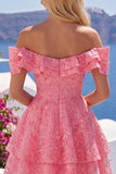 Off the Shoulder Hot Pink A-Line Floral Ruffled Homecoming Dress with Beading