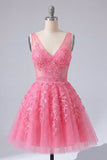 A-Line Hot Pink Floral V-Neck Tulle Homecoming Dress