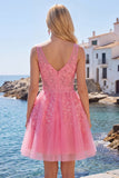 A-Line Hot Pink Floral V-Neck Tulle Homecoming Dress
