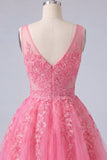 A-Line Hot Pink Floral V-Neck Tulle Homecoming Dress