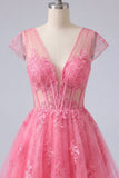 Hot Pink Floral A-Line V-Neck Tulle Sheer Corset Homecoming Dress with Cap Sleeves