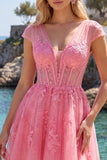 Hot Pink Floral A-Line V-Neck Tulle Sheer Corset Homecoming Dress with Cap Sleeves