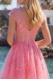 Hot Pink Floral A-Line V-Neck Tulle Sheer Corset Homecoming Dress with Cap Sleeves