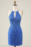 Royal Blue Floral Bodycon Halter Neck Homecoming Dress with Beading