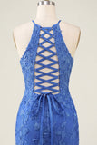 Royal Blue Floral Bodycon Halter Neck Homecoming Dress with Beading