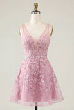 A-Line Pink V-Neck Floral Homecoming Dress