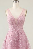 A-Line Pink V-Neck Floral Homecoming Dress