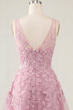 A-Line Pink V-Neck Floral Homecoming Dress