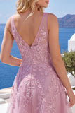 A-Line Pink V-Neck Floral Homecoming Dress
