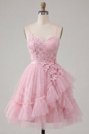 A-Line Pink Floral Spaghetti Straps Homecoming Dress with Ruffles