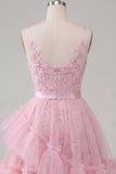 A-Line Pink Floral Spaghetti Straps Homecoming Dress with Ruffles