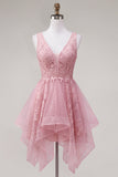 A-Line Pink V-Neck Tulle Floral Homecoming Dress