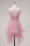 A-Line Pink V-Neck Tulle Floral Homecoming Dress