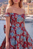 Off the Shoulder Black Jacquard A-Line Floral Homecoming Dress with Bow