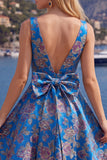 A-Line Red V-Neck Jacquard Floral Homecoming Dress with Bow