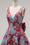 A-Line Red V-Neck Jacquard Floral Homecoming Dress with Bow
